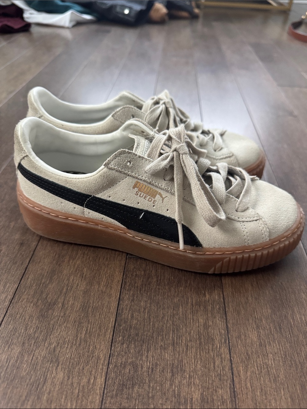 Puma Suede Platform Sneakers in Beige with Black Stripe and Gum Sole